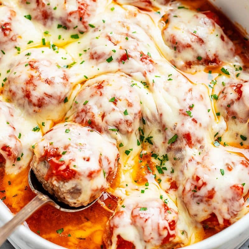 An image displaying the recipe for Cheesy Meatballs Casserole