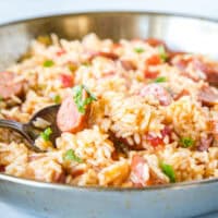 An image displaying the recipe for Sausage & Rice Skillet